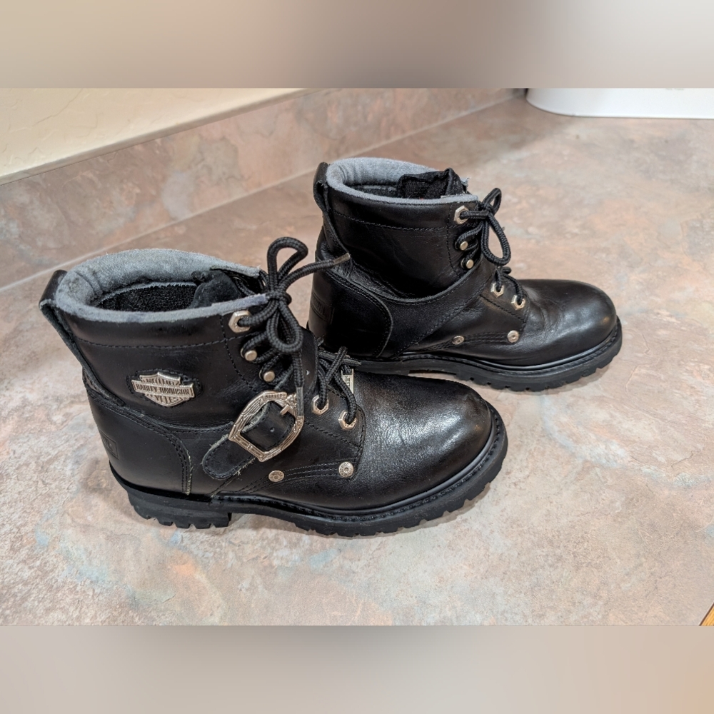 Authentic Harley-Davidson® Black Leather (thick) Lace-Up/With Strap & Buckle - Picture 4 of 13
